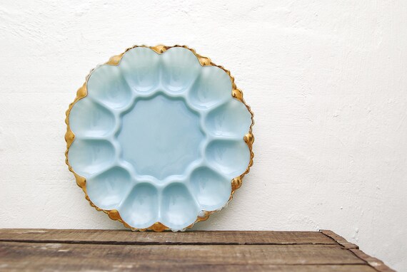 SALE Blue Milk Glass Deviled Egg Plate 1950s by by LakeandCabin