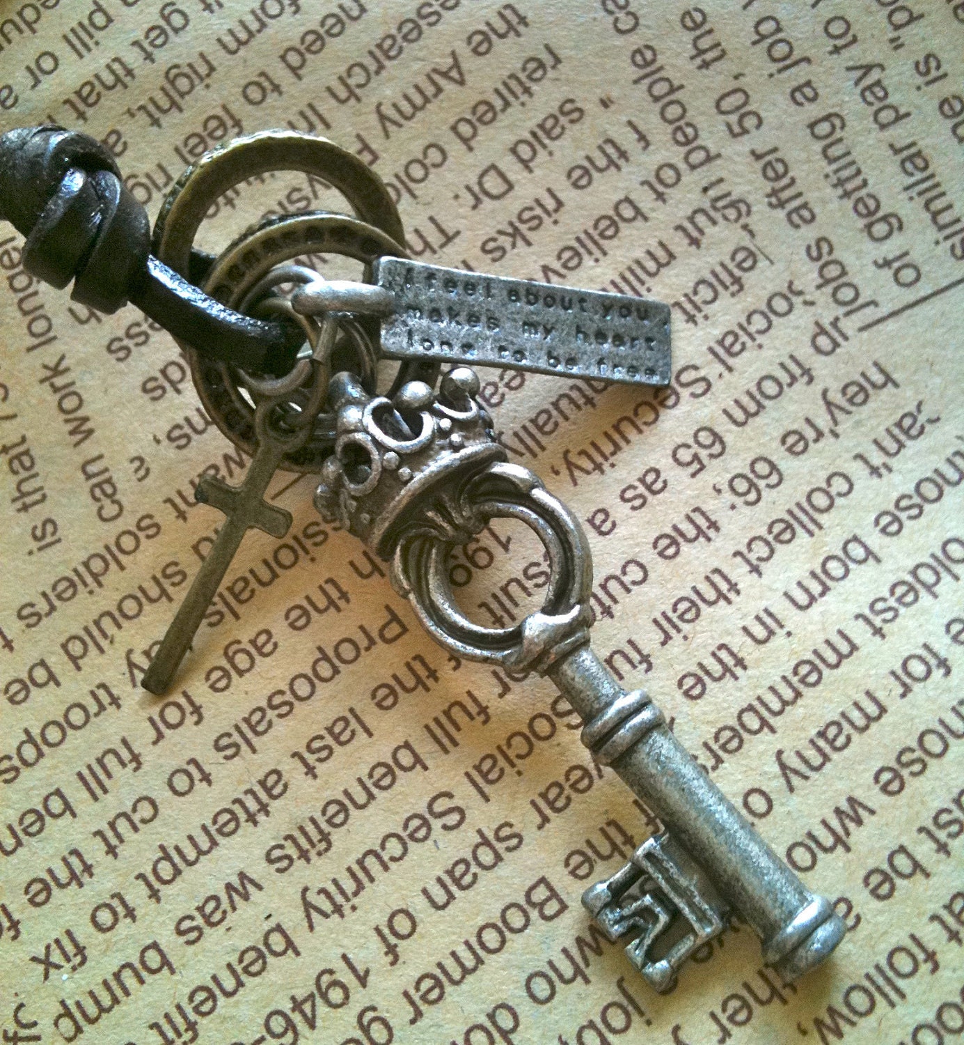 Free shipping key charm leather Necklace in silver