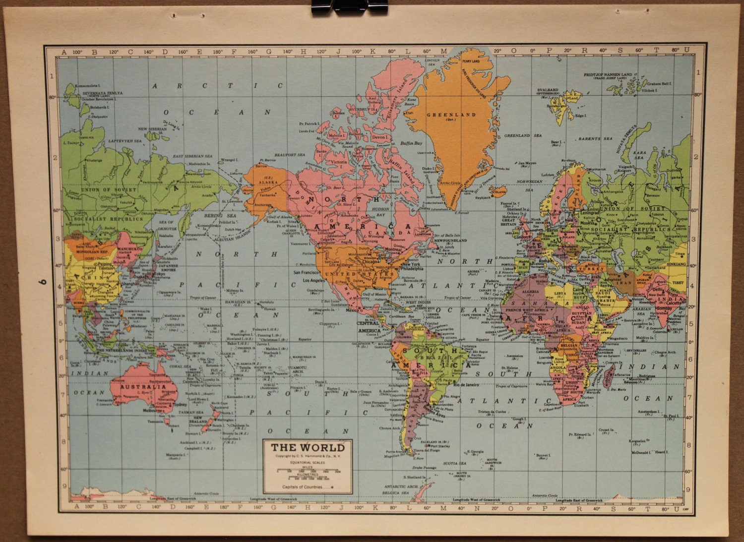 Vintage Map World Original 1944 - PastOnPaper