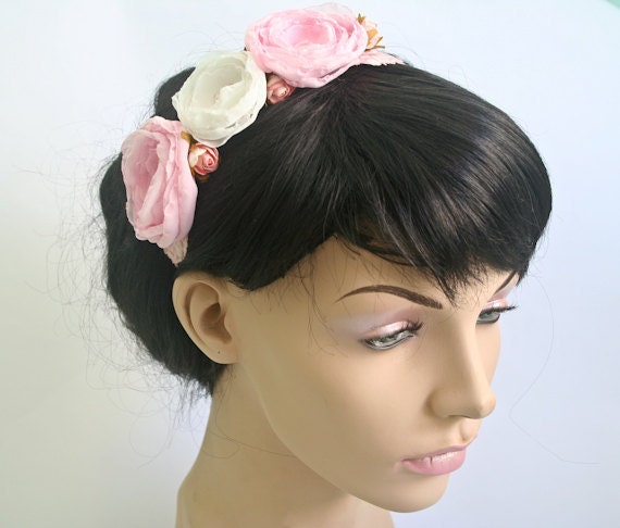 HUGE SALE - Ivory and Pink Lollipop Flower Headband Shabby Chic Flower Hair Accessory Women Headband Wedding Flower Girl Headpiece