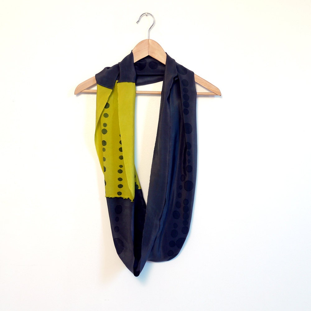 Hand painted Silk COWL Scarf. Chartreuse and black.