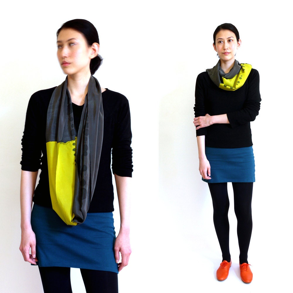 Hand painted Silk COWL Scarf. Chartreuse and black.