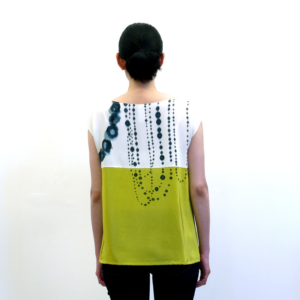 hand painted SILK top. INK BEADS on cream and chartreuse. Custom sizing.