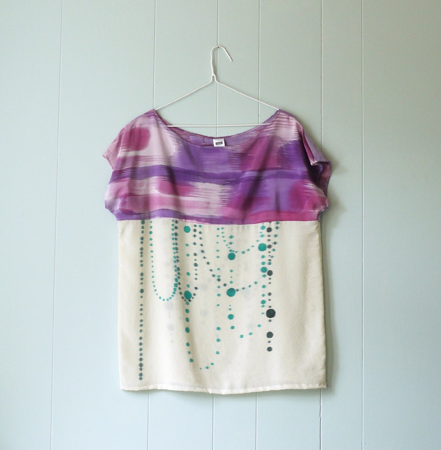 Sample Sale - silk hand painted shirt. Lilac Ikat and Dots.