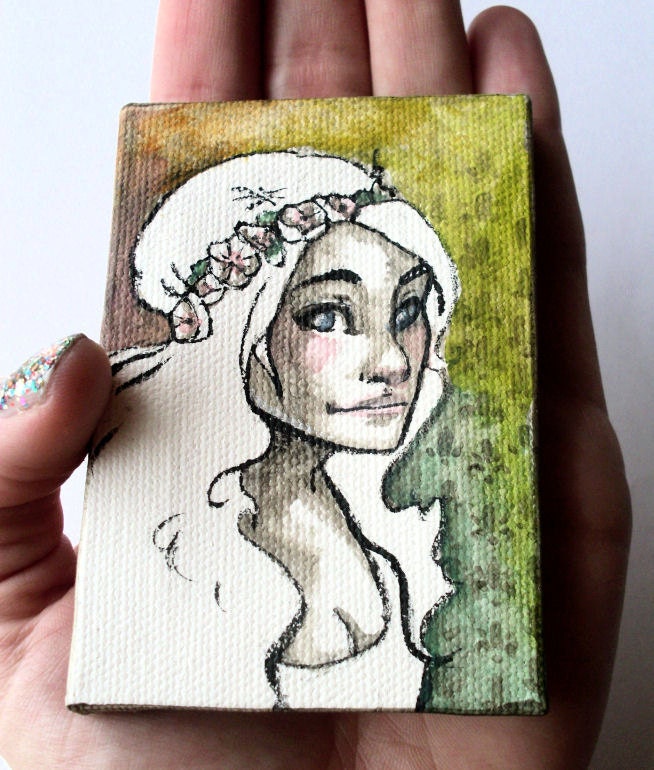 Original Girl Painting - Flower Girl on Rainbow Background