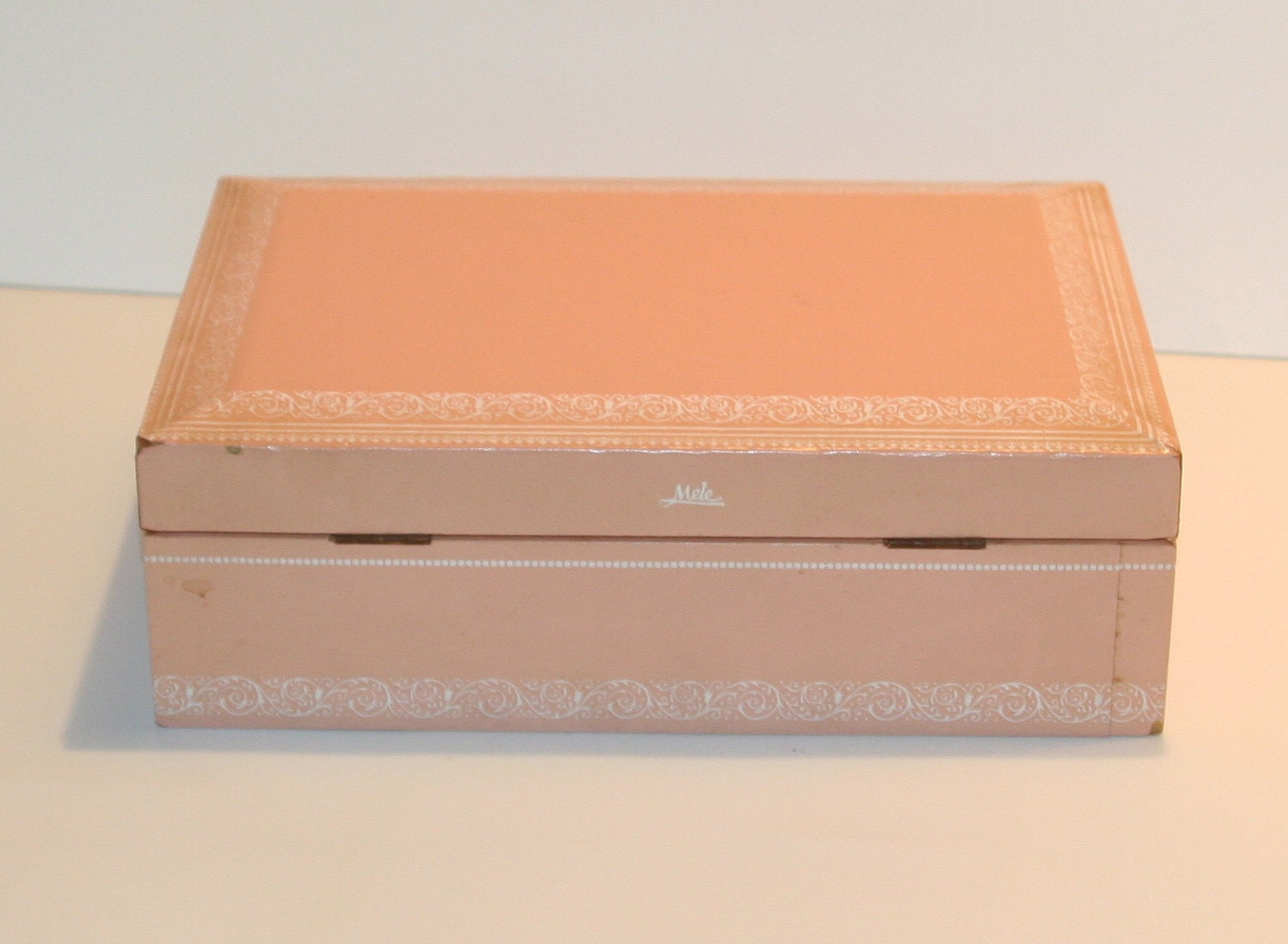 Vintage Ladies Jewelry Box by Mele Hollywood Regency Petal Pink Ballet Pink Blush with white and gold details