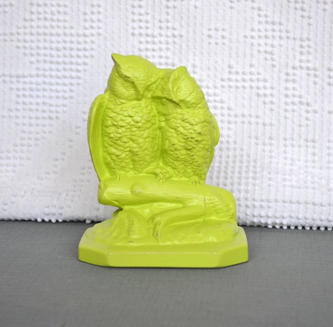 Lime Green Owls Metal Bookend - Upcycled Painted Metal Owl Bookend Mantle Shelf Desk Bright Decor