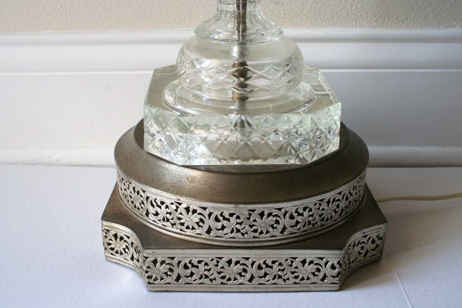 Luxe Hollywood Regency Cut Glass and Silver Tone Floral Filagree Base
