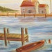 Art Painting NAUTICAL Lake BOAT Dock Canvas ORIGINAL Aqua Pink Pastel Colors - Treasury Item - Wall 16 x 20