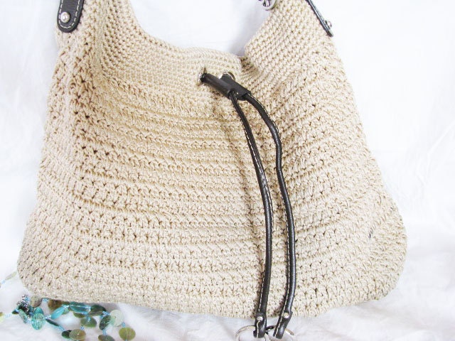 Reserved -- SALE - SAK Drawstring Bucket Bag Handbag Purse Crochet - Boho Retro Hippie - 1980s-90s Treasury
