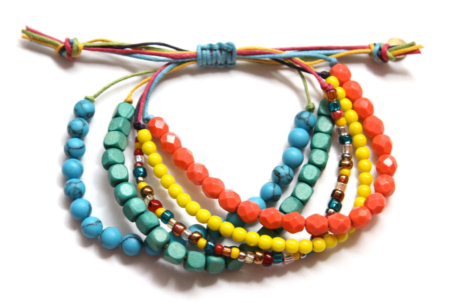 Colorful Waxed Cord Beaded Beachy Boho Bracelet