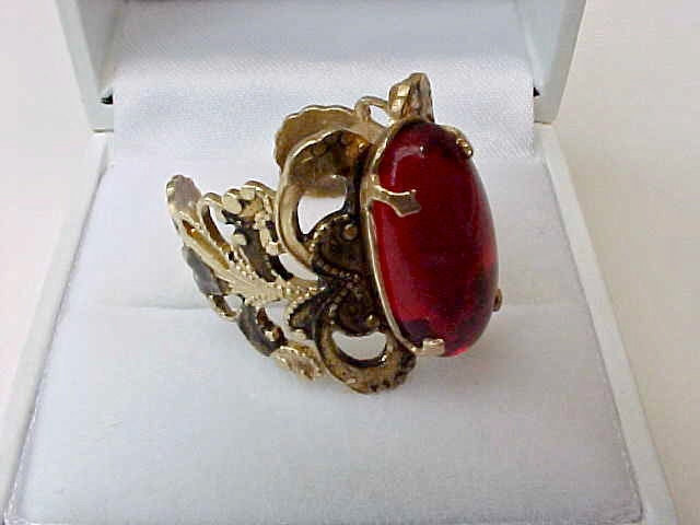 Beautiful 1960's Brass Ring with Large Crimson Stone