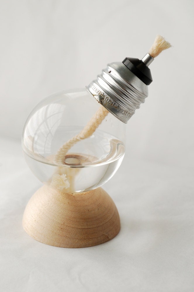 Mini Recycled Light Bulb Oil Lamp on Natural Wood Half Dome Base (12-001)