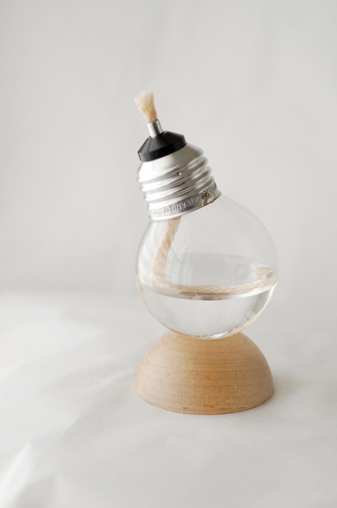 Mini Steampunk Recycled Light Bulb Oil Lamp on Natural Wood Half Dome Base (12-001)