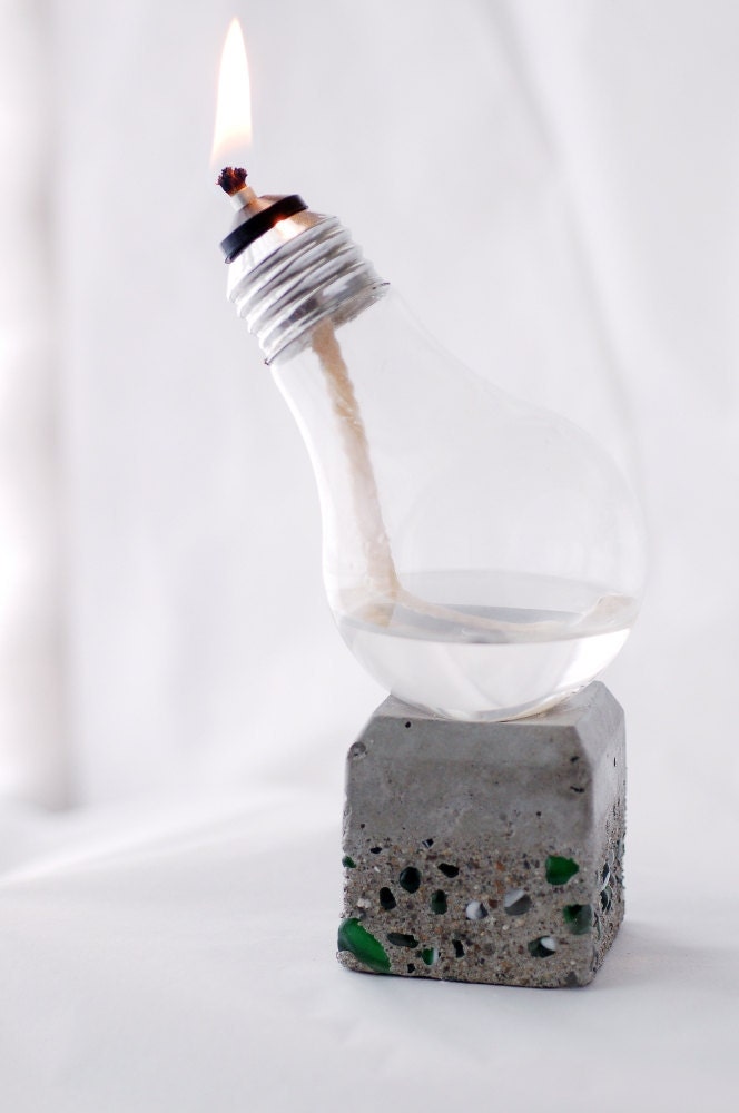 Recycled Light Bulb Oil Lamp Handmade Steampunk Lamp on Concrete and Green Glass Cube Base, Alum. top bulb 12-020