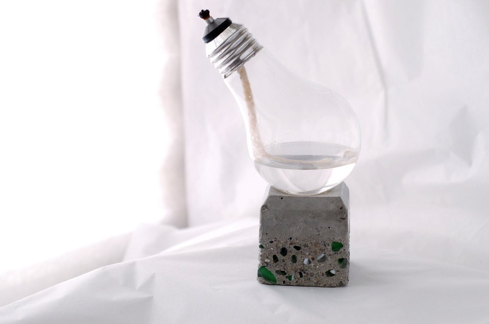 Recycled Light Bulb Oil Lamp Handmade Steampunk Lamp on Concrete and Green Glass Cube Base, Alum. top bulb 12-020