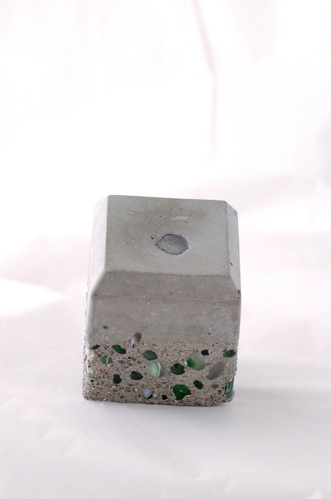 Recycled Light Bulb Oil Lamp Handmade Steampunk Lamp on Concrete and Green Glass Cube Base, Alum. top bulb 12-020