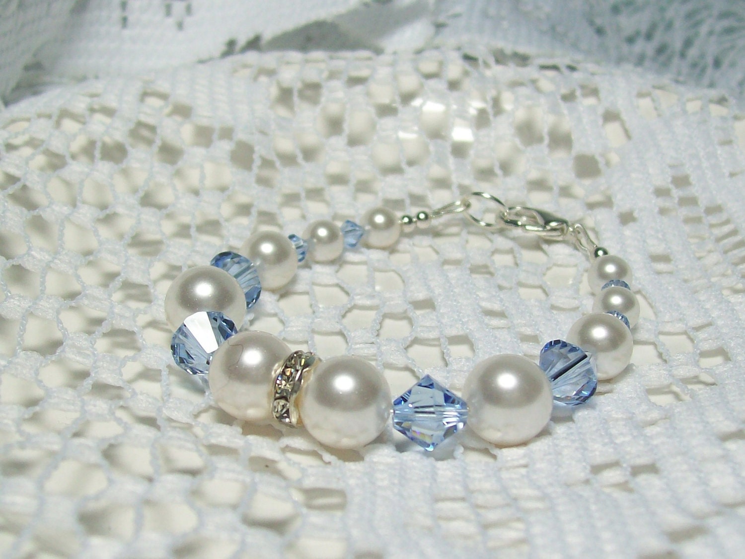 Icy Blue Wedding Bracelet Swarovski Crystals, Pearls and Silver