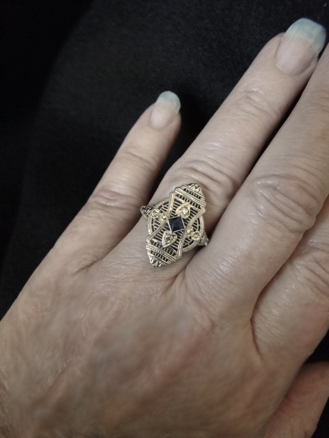 Antique Edwardian - Art Deco Sapphire & Diamond Filigree Ring - Great Wedding, Anniversary or Mother's Day gift