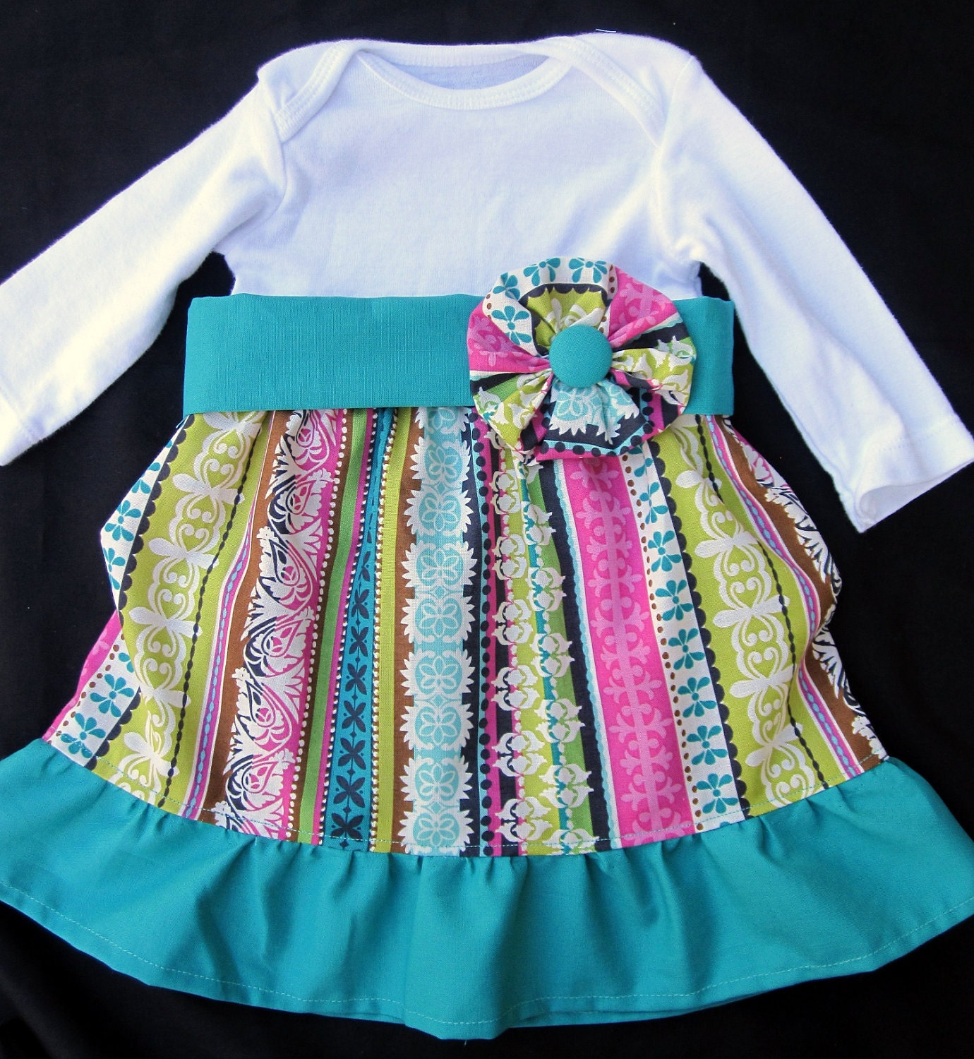 Multi Colored Striped Onesie Dress with Removable Belt and Fabric Flower