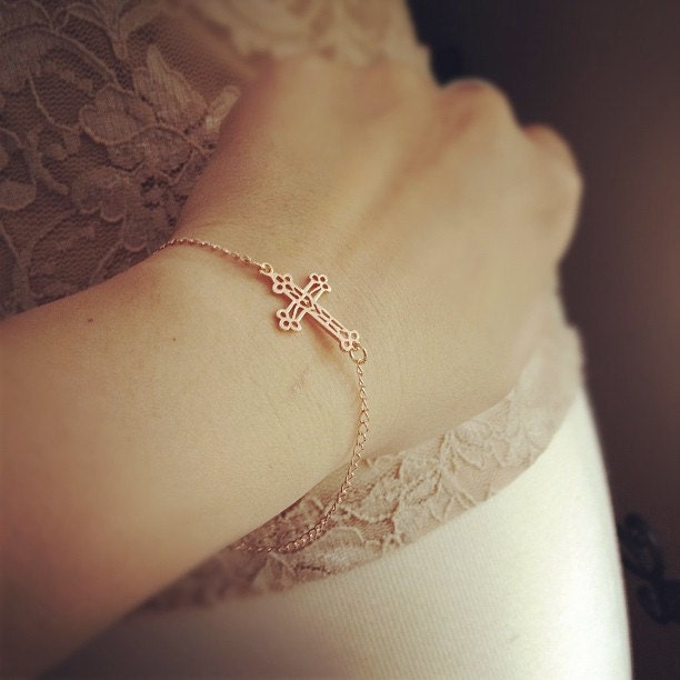 Rose Gold Filled Sideways Cross Bracelet - All Rose Gold Filled - Everyday Jewelry