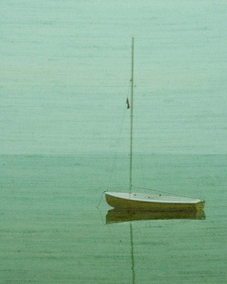 Vintage Sailboat Art Print - Green Aqua Beach Ocean Lake Art Surreal Home Decor Wall Art Soft Foggy Photograph - SevenElevenStudios