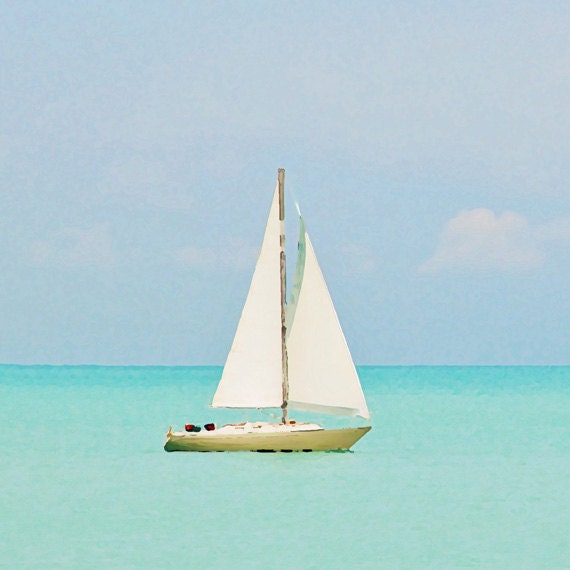 Sailboat Nursery Art Print - Beach Blue Aqua Boat White Ocean Nautical Childrens Boys Room Art Photograph