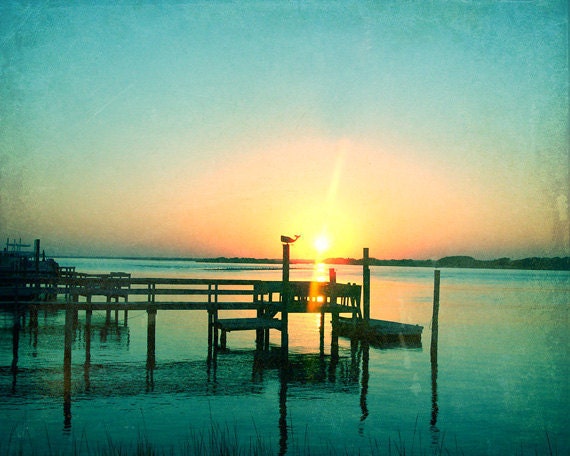 SALE Sunrise Vintage Beach Art Print - Blue Yellow Pink Sky Whale Weathervane Silhouette Beach House Home Decor Ocean Photograph