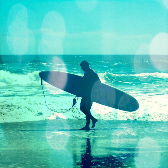 Surf Bokeh Art Print - Aqua Silhouette Surfing Beach House Wall Art Home Decor Photograph