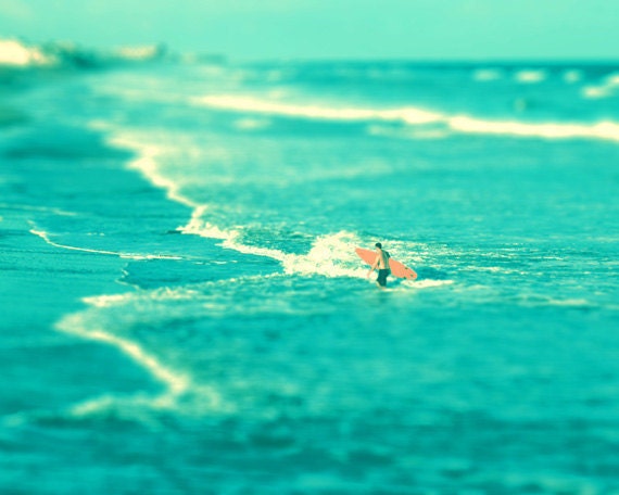 Surf Beach Art Print - Blue Aqua Orange Surfer Tilt Shift Ocean Beach House Home Decor Wall Art - Photograph