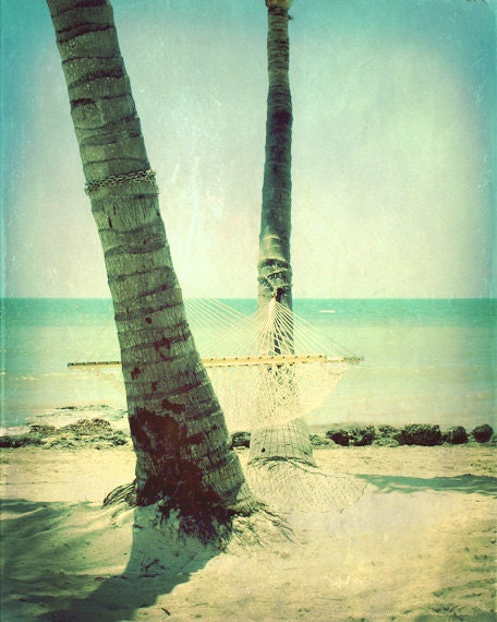 Beach Hammock Art Print - Vintage Blue Aqua Palm Trees Ocean Beach House Decor Relax Photograph