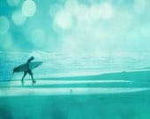 Surf Art Beach Print  - Bokeh Blue Aqua Surfer Silhouette Whimsical Surreal Beach House Wall Art Home Decor Photograph
