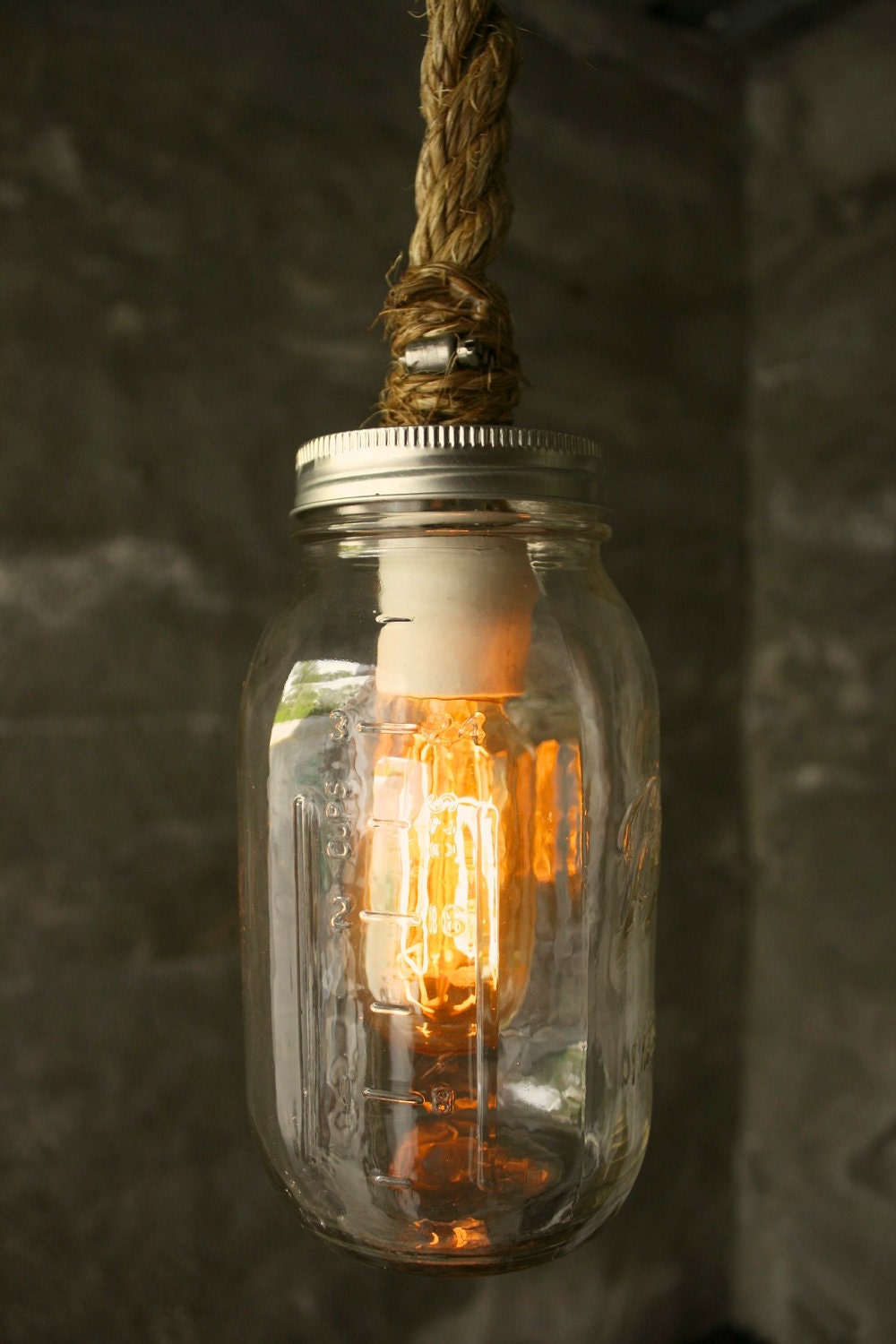 Mason Jar Lighting Chandelier Lighting Shabby Chic Lighting Mason Jar Lamp Hanging Light  - Vintage Industrial Rope Design