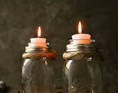Pair of Mason Jar Candle Holders Rustic Wedding Decor Glass Lighting Shabby Chic Lighting - Rustic Rope Design