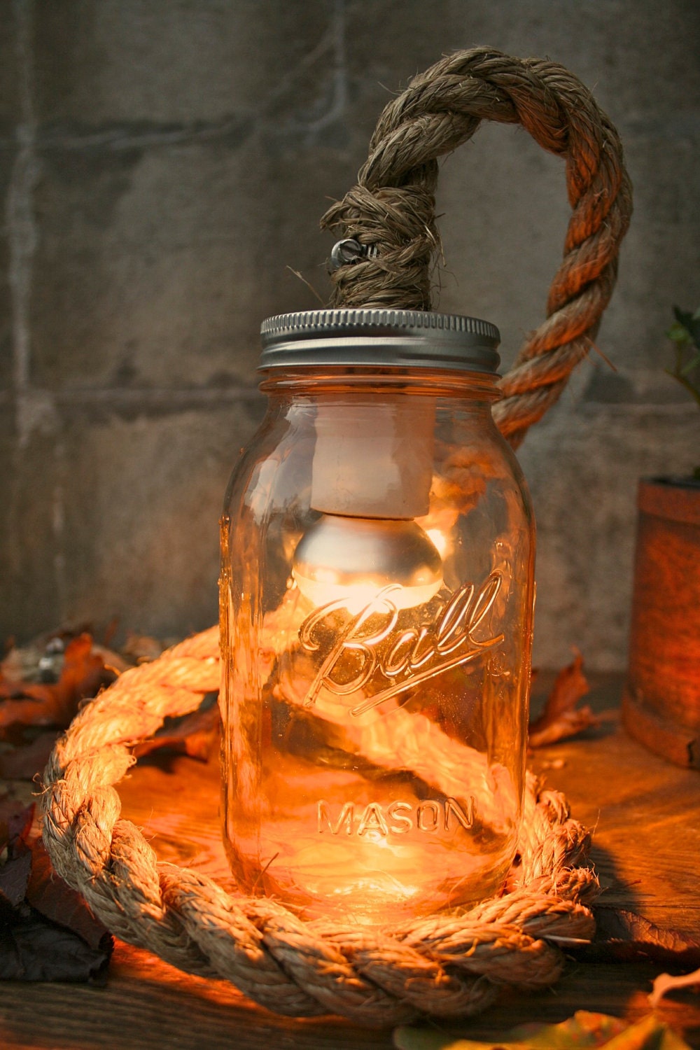 Mason Jar Lighting Rustic Wedding Decor Wedding Lighting Desk Lamp or Night Light - Vintage Industrial Rope Design
