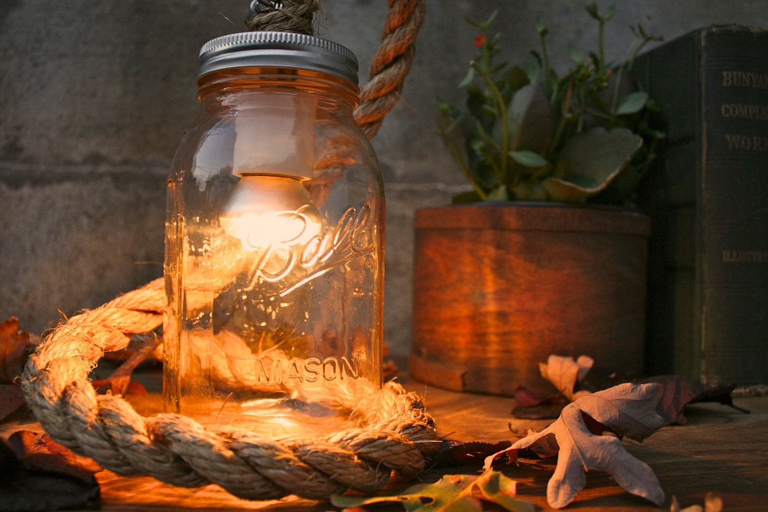 Mason Jar Lighting Rustic Wedding Decor Wedding Lighting Desk Lamp or Night Light - Vintage Industrial Rope Design