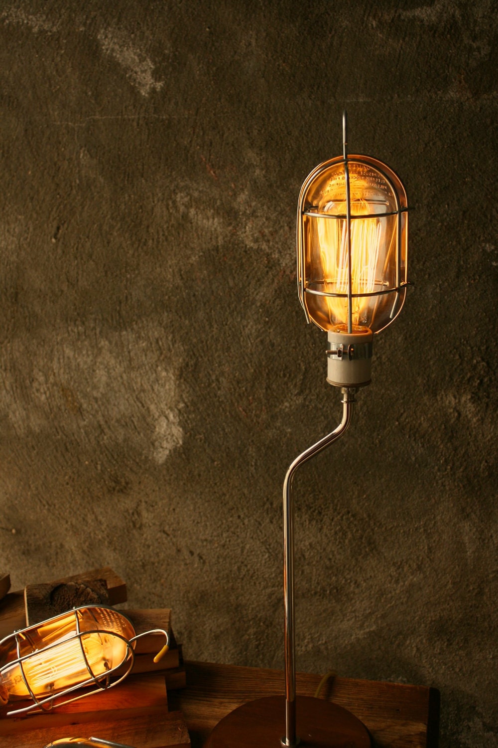 Lamps Industrial Light Wood Lamp Industrial Lighting Cool Gifts for Men Edison Cage Bulb Lamp - Desk Lamp by Luke Lamp Co
