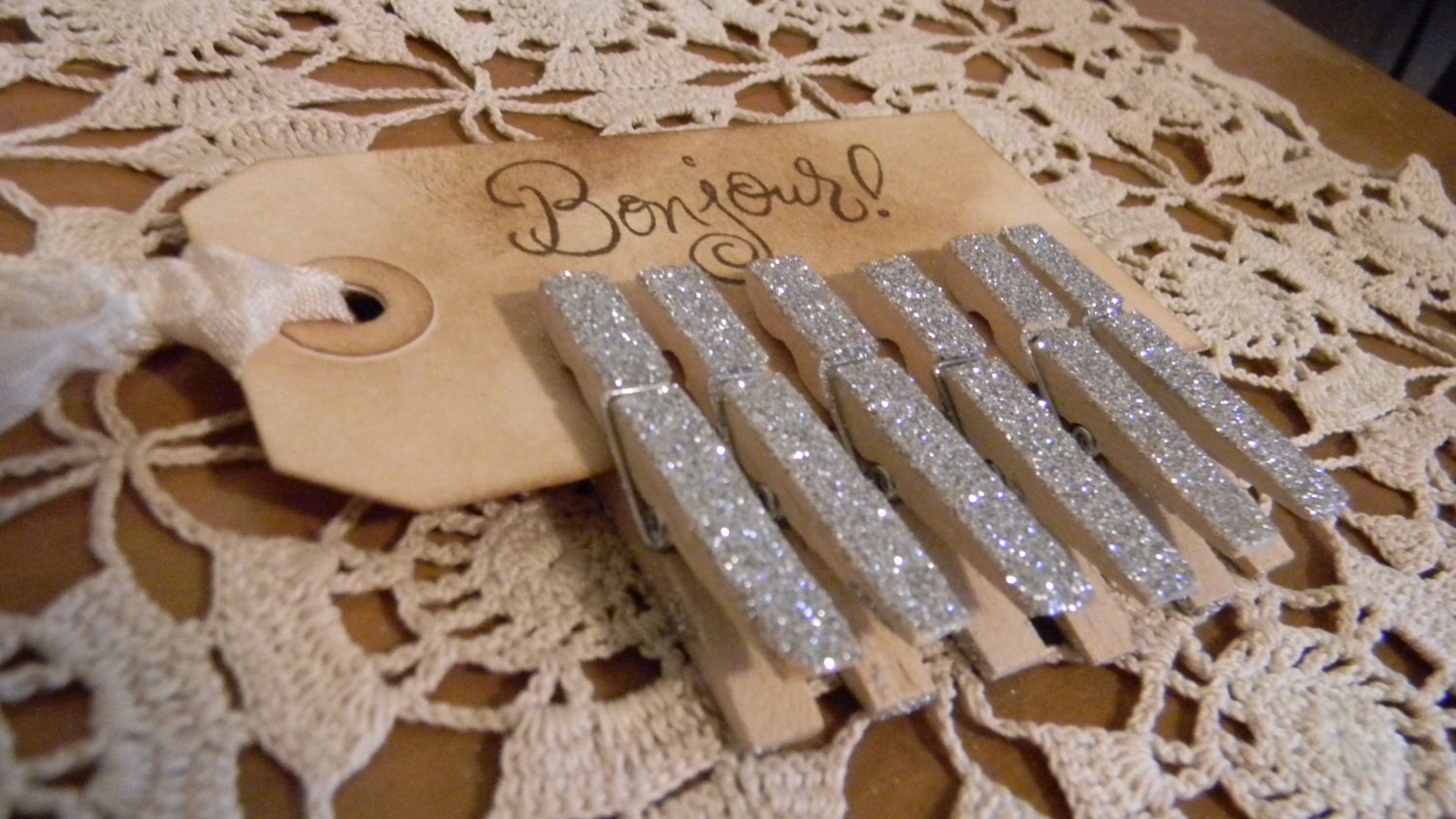 Bonjour Tag Set Of 6 Glitter Mini Clothes Pins