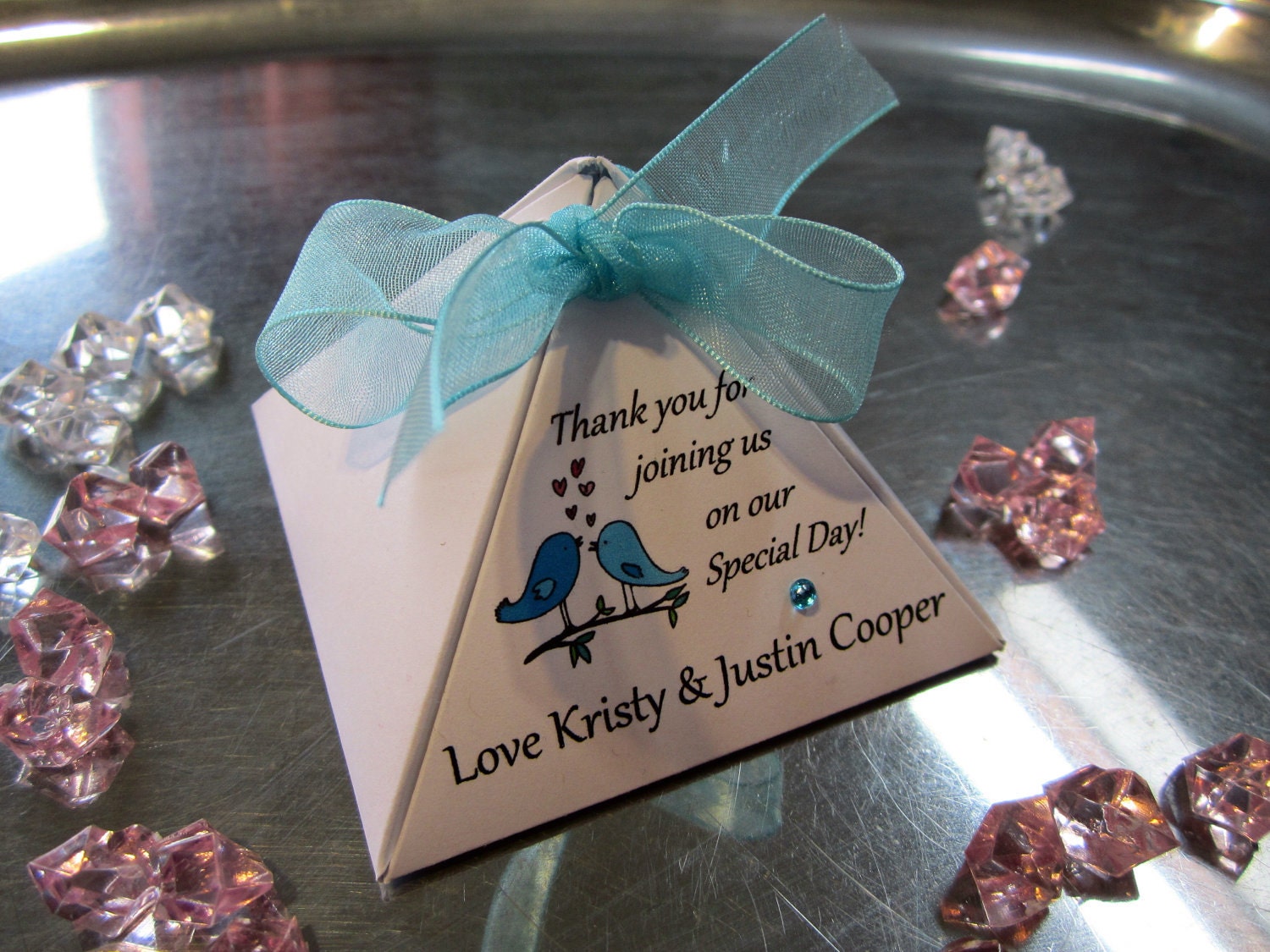 Personalized Elegant Wedding Favor Box with Blue LOVEBIRDS with aqua blue Organza Ribbon and Rhinstone- Lot of 10
