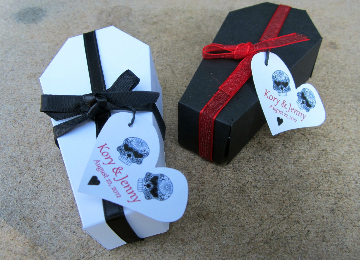 PERSONALIZED Gothic Wedding Coffin Favor Box with tags- set of 10