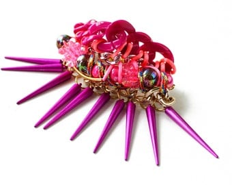 Seamonster, cuff bracelet, spikes and chunky chains, Neon Pink, long studs, knotted with ropes, statement jewelry