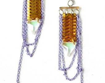 TheRidge, crystal triangle earrings, chunky gold chain and purple draping chains, mermaid style, OOAK