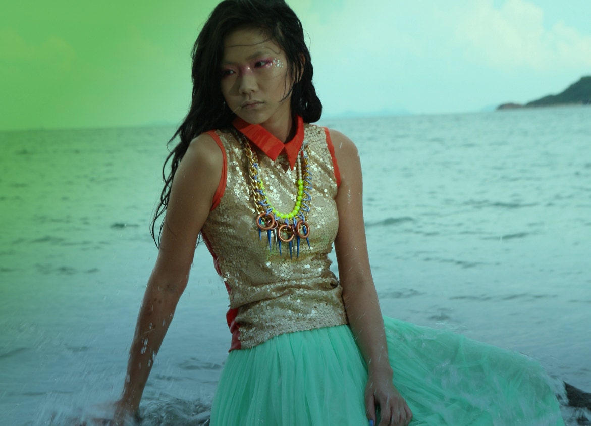 Glowstick, bib necklace, rope necklace, studs spikes and vintage beads, neon yellow summer mermaid style, chunky  statement necklace