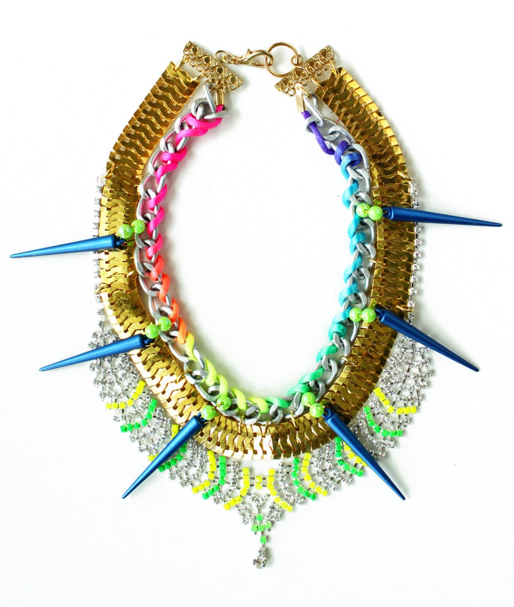 TheSpell, neon statement necklace, chunky rhinestones and spikes, OOAK collar bib necklace, mermaid style, rainbow