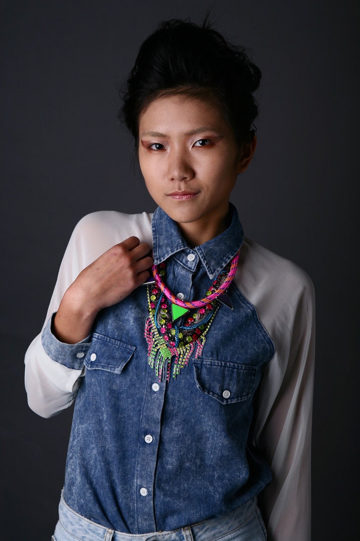 Maya, Super Chunky Neon Necklace, neon hand-painted rhinestones, pink rope and triangles, Funky VIP Edition