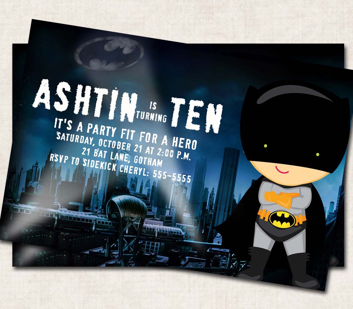 Batman Printable Birthday Invitations, black, blue, Digital File, you print