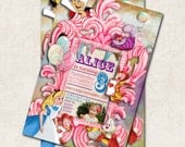 Alice in Wonderland Birthday Party Invitation, Cheshire Cat, Queen of Hearts, pink , digital file, you-print