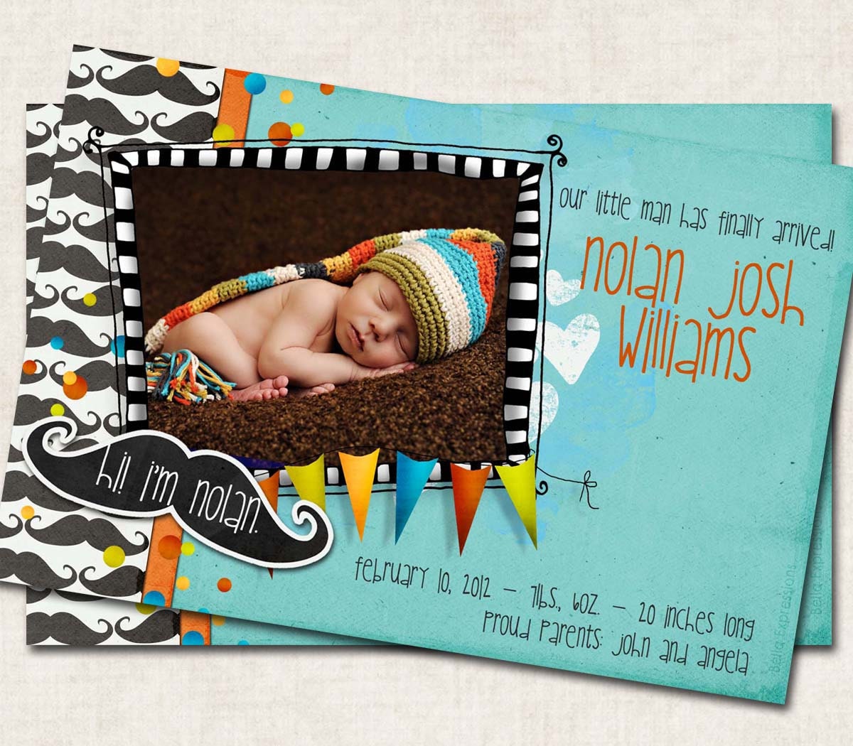 Baby Boy Birth Announcement Thank You, Shower, mustache, Digital File