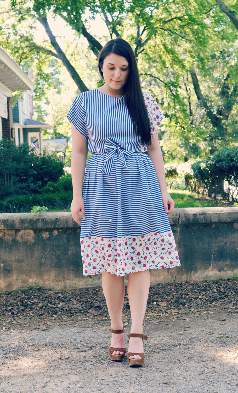 Vintage Blue and White Striped and Floral Dress / 1980s Dress