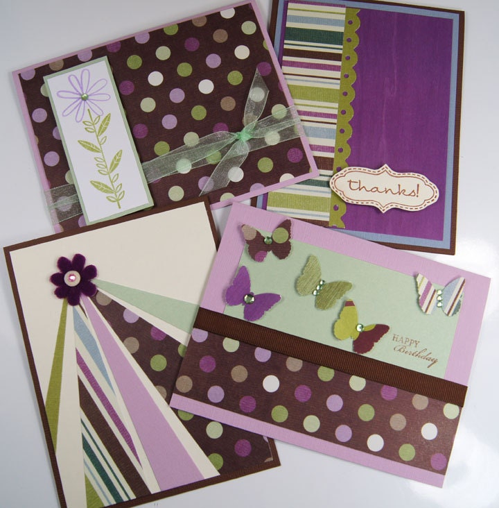 Assorted Cards Birthday Thank You Blank Purple Green Gift Set of 4